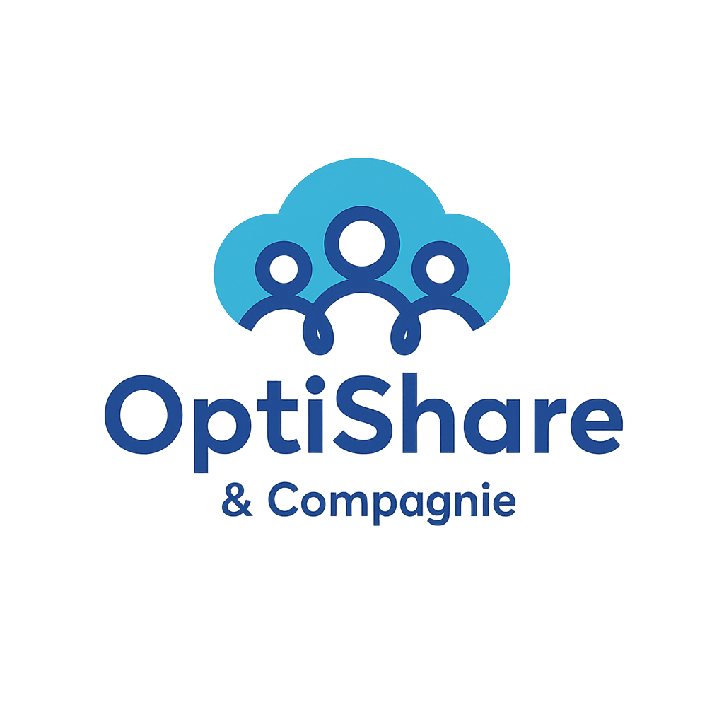 Three stylized human figures linked together beneath a two‑tone blue cloud, symbolizing collaboration and shared cloud services; logo text: OptiShare & Compagnie; friendly, professional and approachable tone in the site header